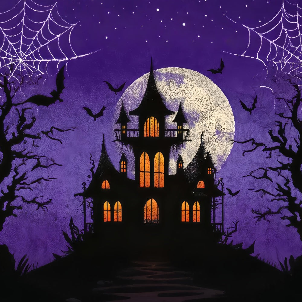 Fond Halloween chauves-souris Château hanté Lune violette Fonds effrayants pour Halloween TWW510-20