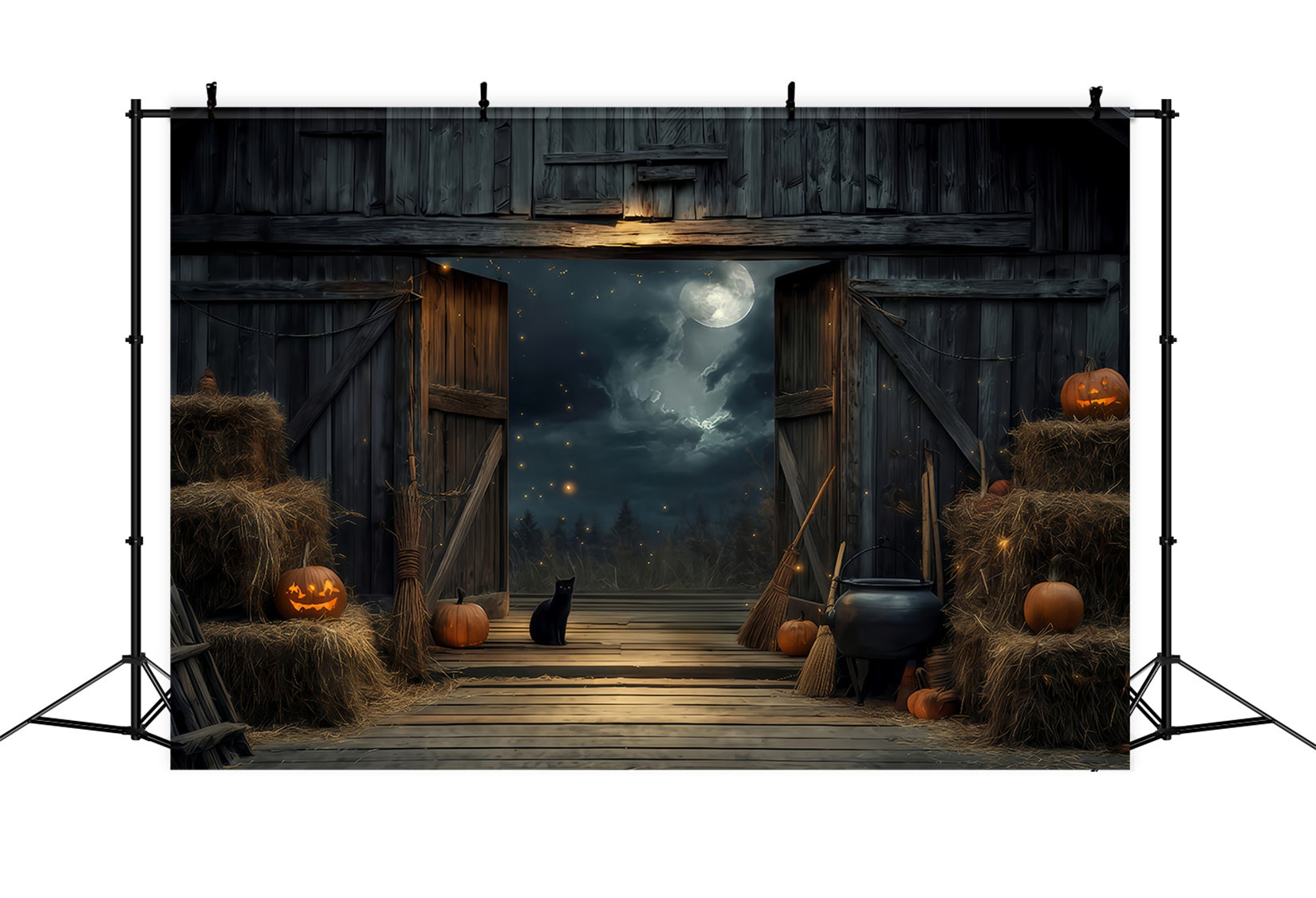 Fond couleur Halloween Chat noir Grange Clair de lune Fond Halloween TWW510-21