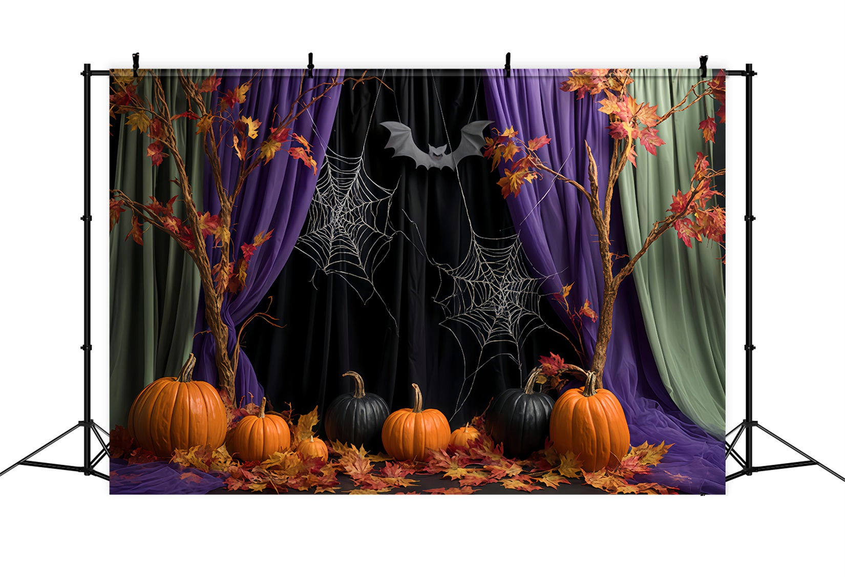 Fond d'Halloween avec araignées, rideaux d'automne et toiles d'araignées Fonds photo d'Halloween TWW510-27