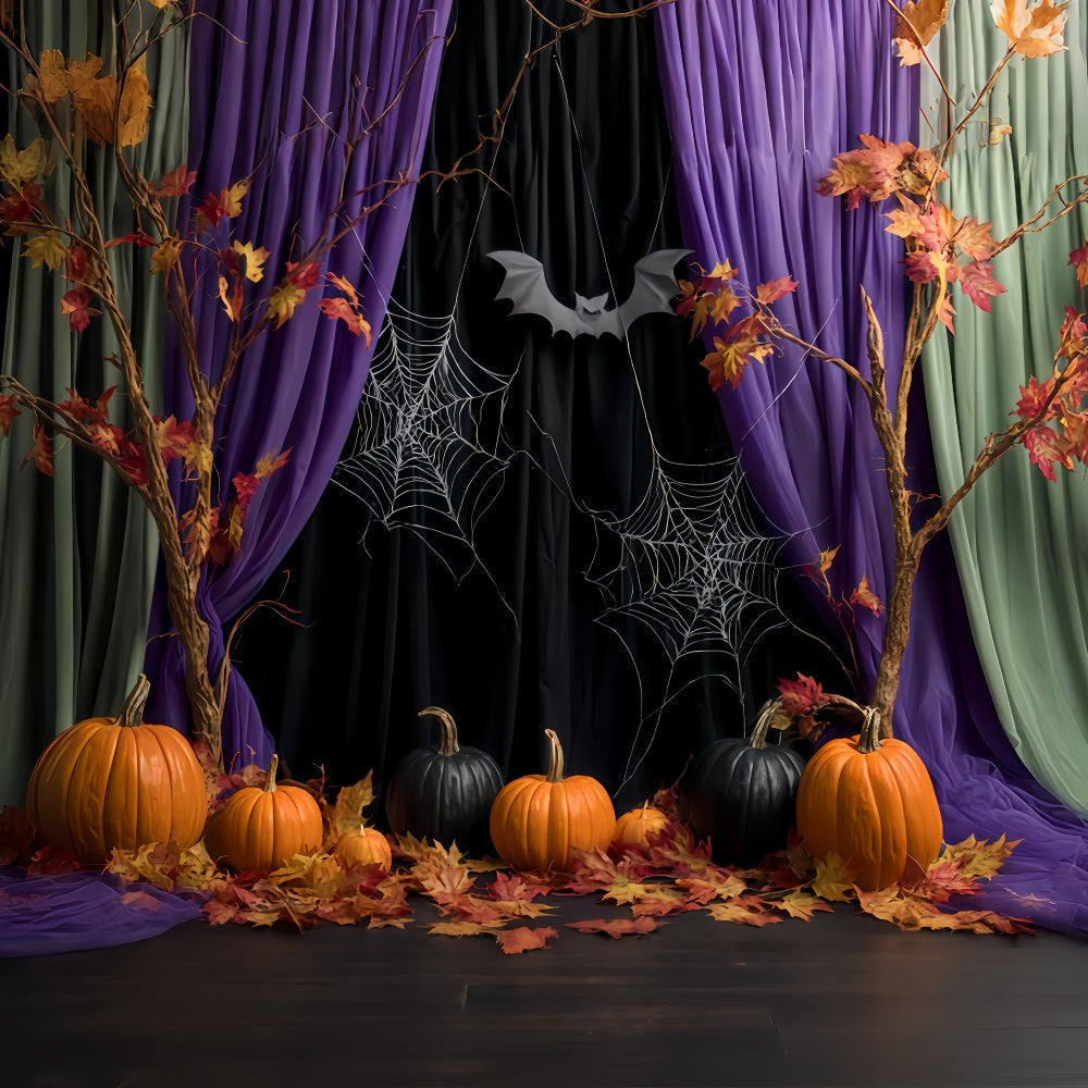 Fond d'Halloween avec araignées, rideaux d'automne et toiles d'araignées Fonds photo d'Halloween TWW510-27