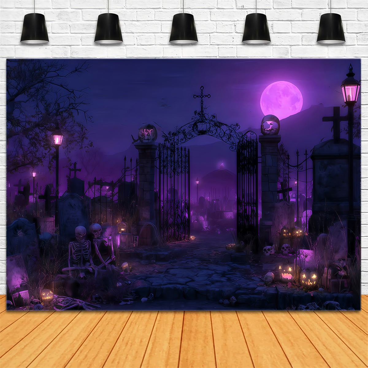 Toile de fond fantôme pour Halloween, lune violette, porte de cimetière, toile de fond pour photos d'Halloween TWW510-49