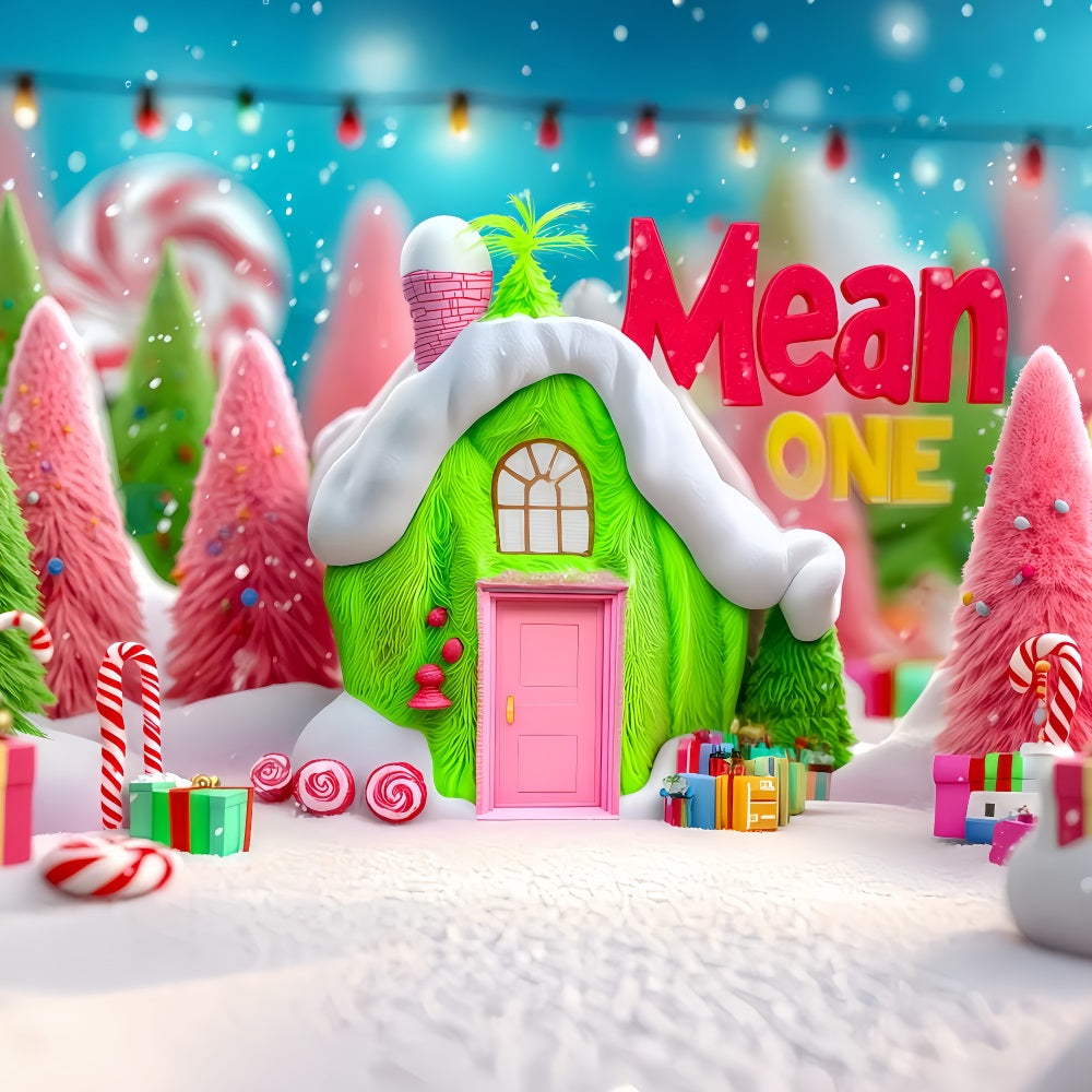 Fond photo Grinch Whoville Green Candy Cottage Fonds de Noël TWW510-63