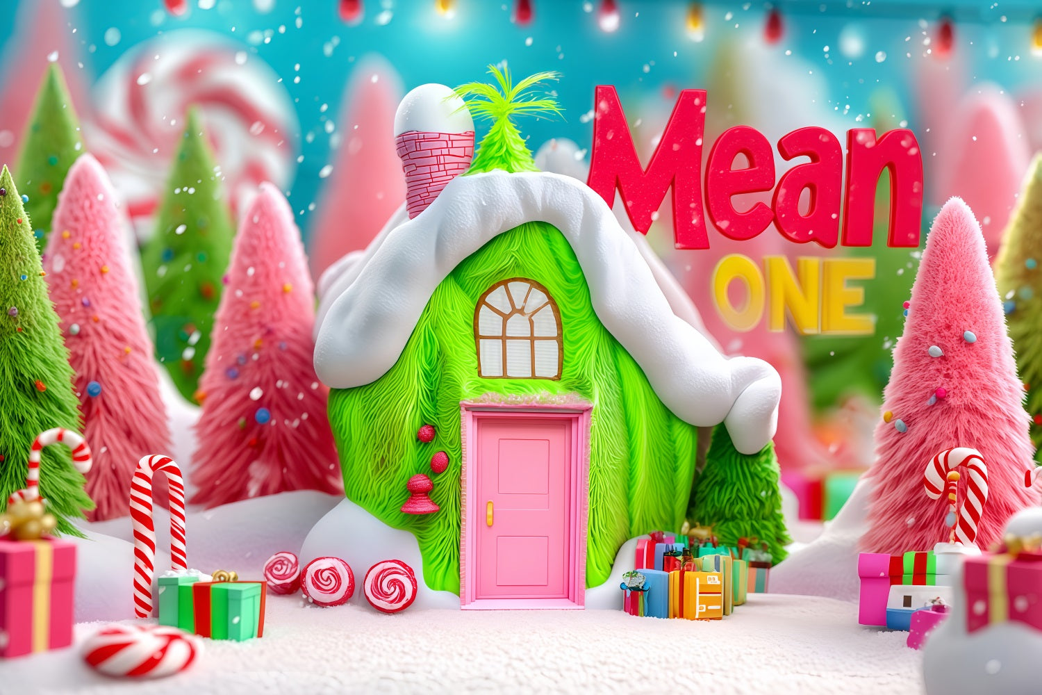 Fond photo Grinch Whoville Green Candy Cottage Fonds de Noël TWW510-63