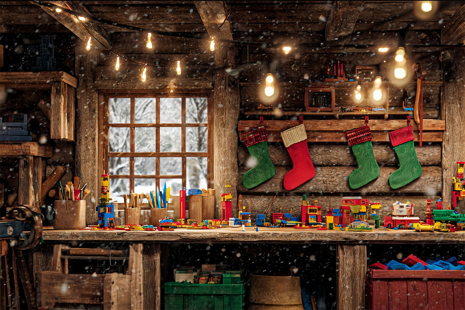 Fond Atelier du Père Noël Cabane en bois Banc à jouets Fond de Noël TWW510-64