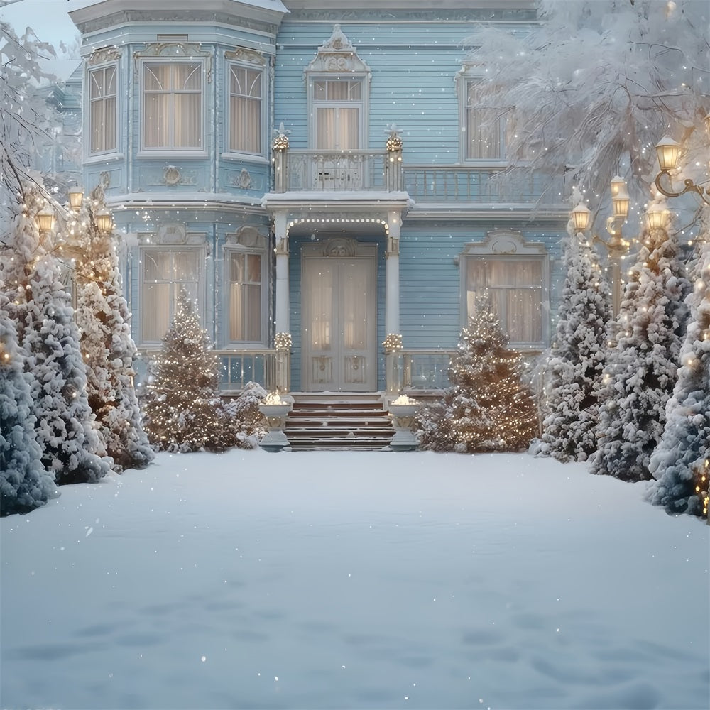 Fond Arbre de Noël Fond de Noël bleu avec manoir victorien en hiver TWW510-70