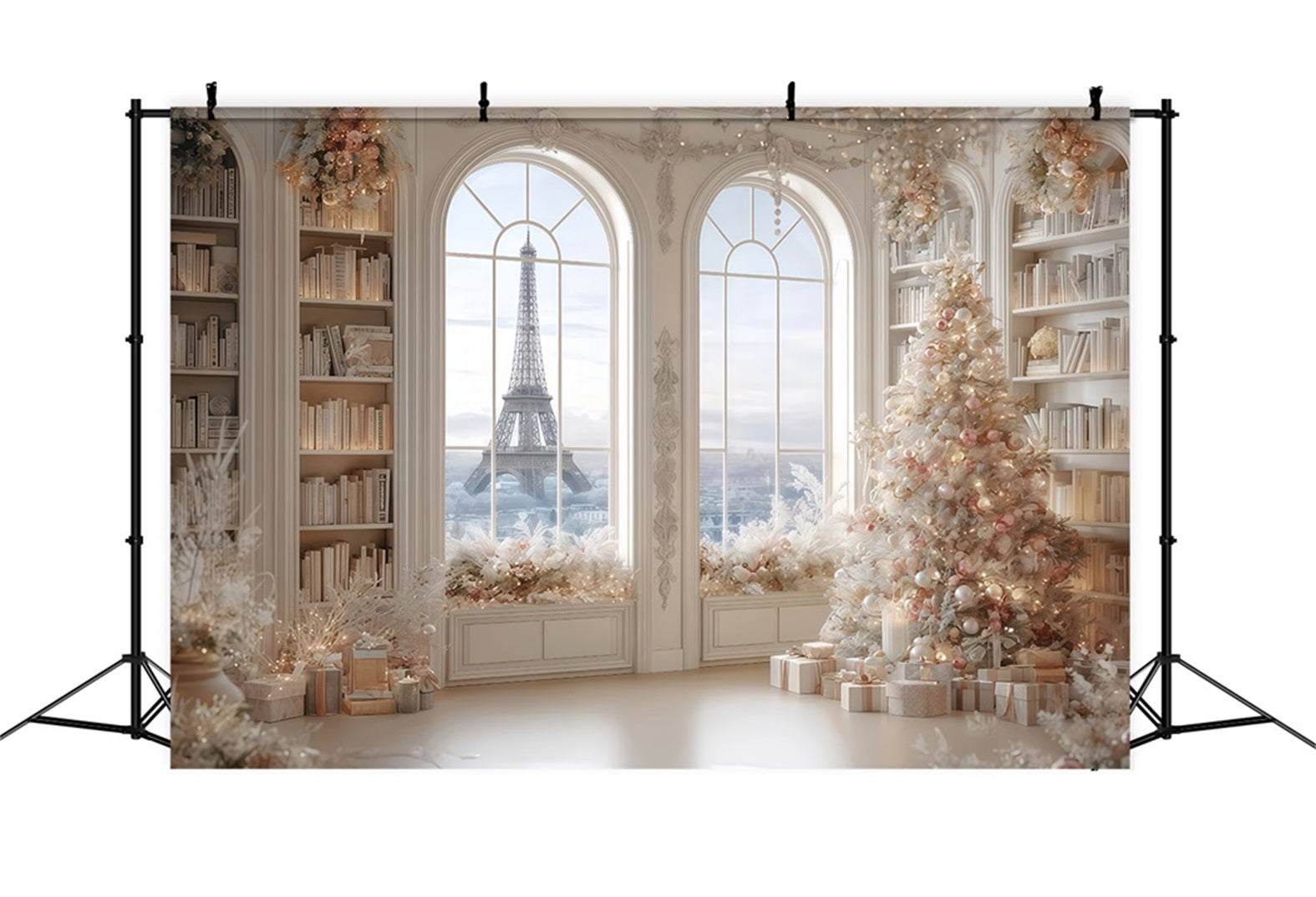Fond d'arbre de Noël Paris Hiver Bibliothèque élégante Fonds de Noël TWW510-79