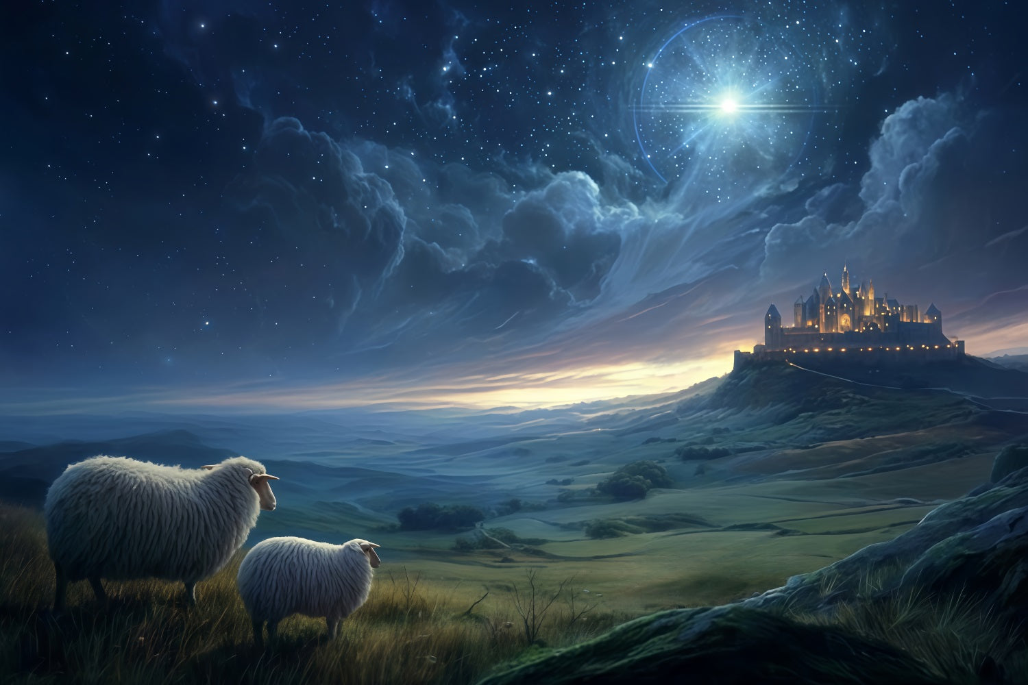 Fond de scène Nativité Bergers observant une lumière lointaine Fonds de scène de Noël TWW510-89