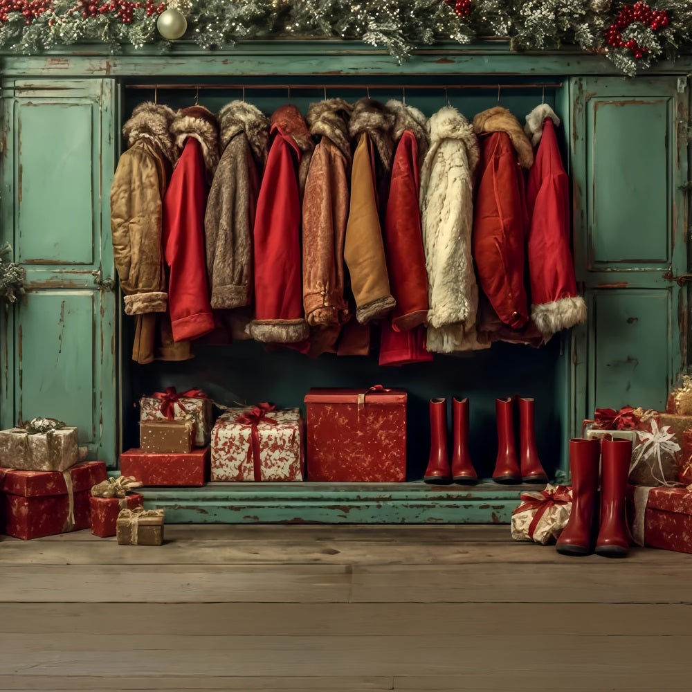 Fond d'atelier du Père Noël Manteaux confortables Garde-robe des fêtes Fond photo de Noël TWW510-90