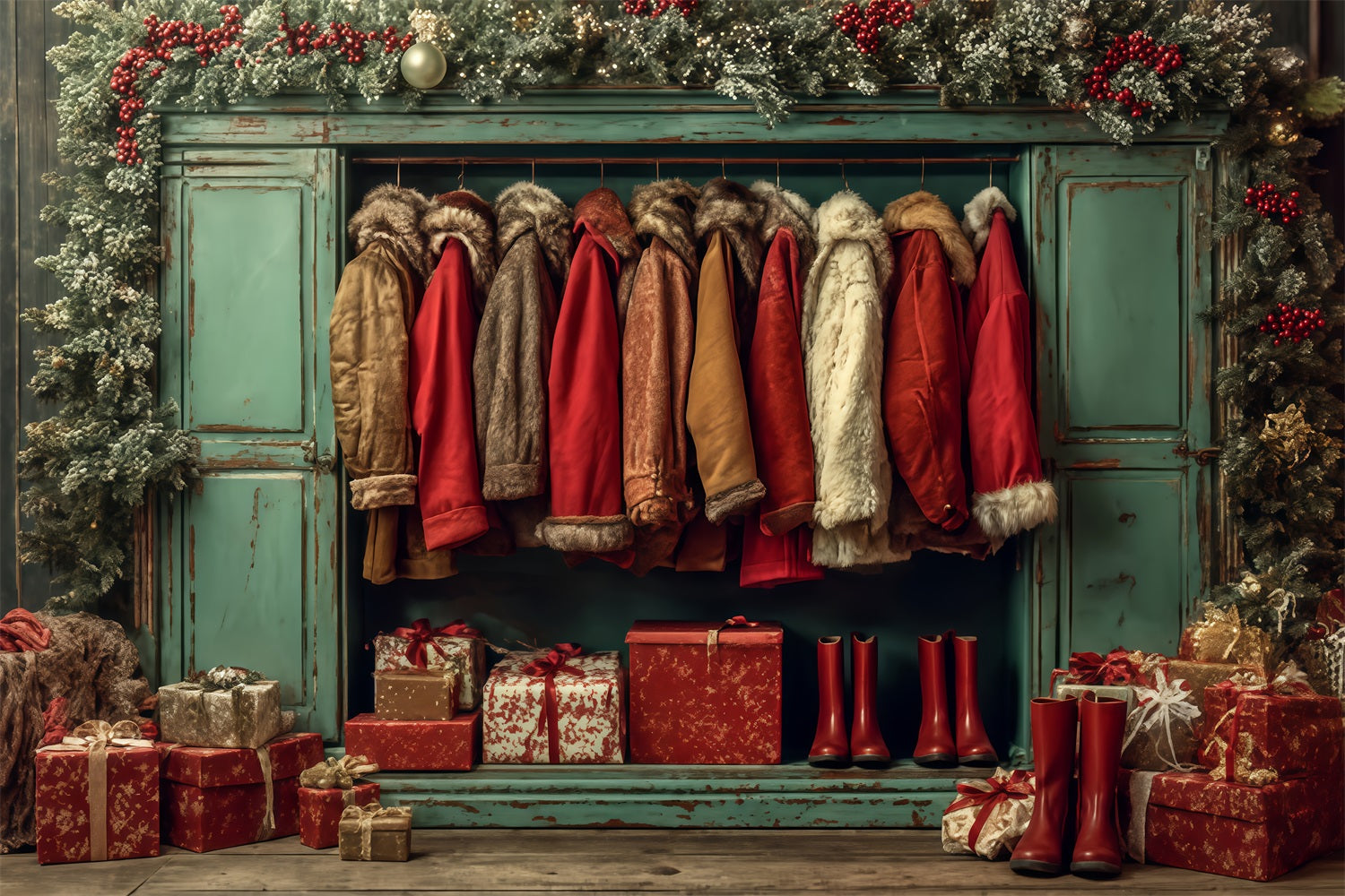 Fond d'atelier du Père Noël Manteaux confortables Garde-robe des fêtes Fond photo de Noël TWW510-90