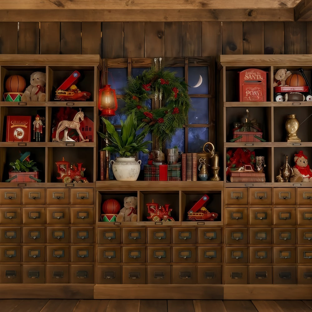 Fond boutique de jouets du Père Noël Étagère à jouets Fenêtre au clair de lune Fond photo de Noël TWW510-98