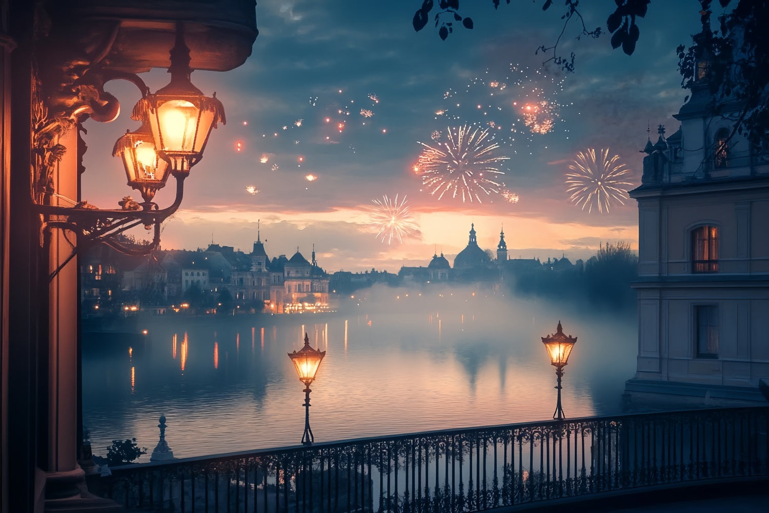 Fond photo pour le Nouvel An Lac doré Feux d'artifice Lumières de la ville Fond nocturne TWW512-13