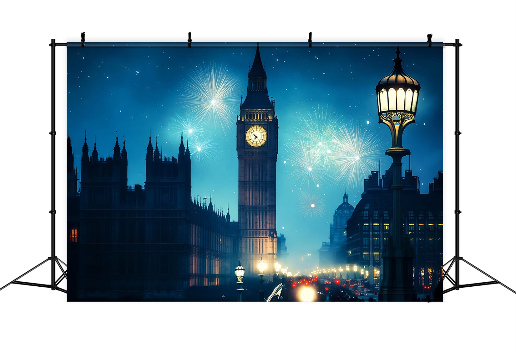 Fonds pour le Nouvel An avec tour de l'horloge de Londres et feux d'artifice, fond urbain nocturne TWW512-15