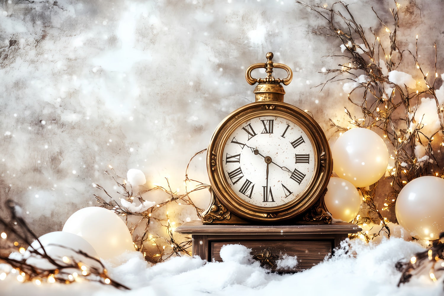 Fond pour le Nouvel An Compte à rebours enneigé Fond photo avec horloge dorée scintillante TWW512-21