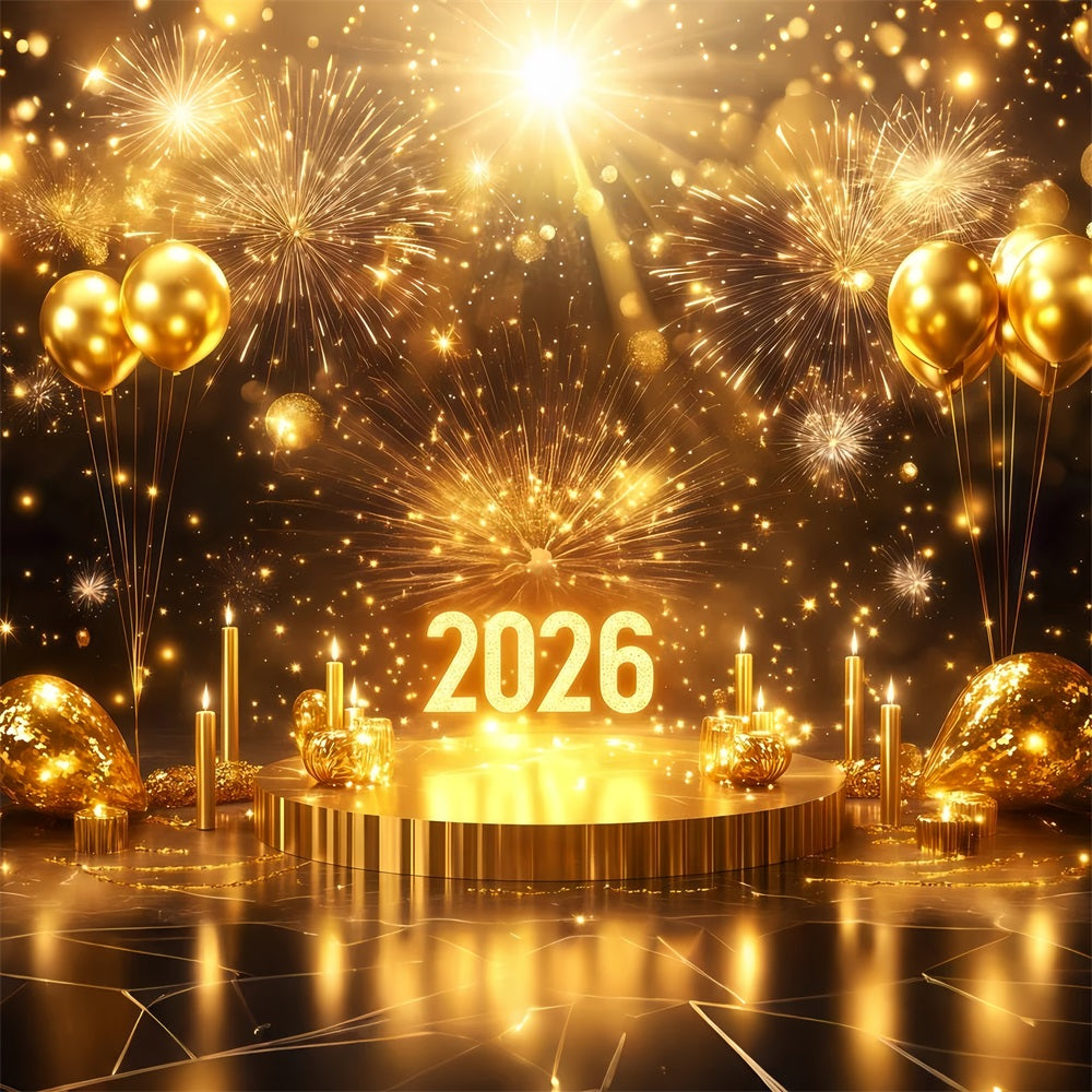 Toile de fond pour le Nouvel An 2026 Ballons de scène Feux d'artifice étincelants Toile de fond pailletée dorée TWW512-23