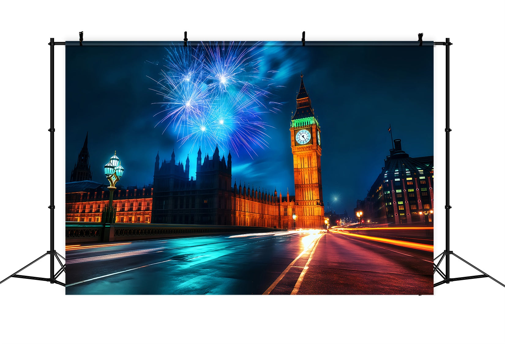 Toile de fond pour le Nouvel An Skyline de Londres Feux d'artifice de minuit Paysage urbain Toile de fond photo TWW512-24