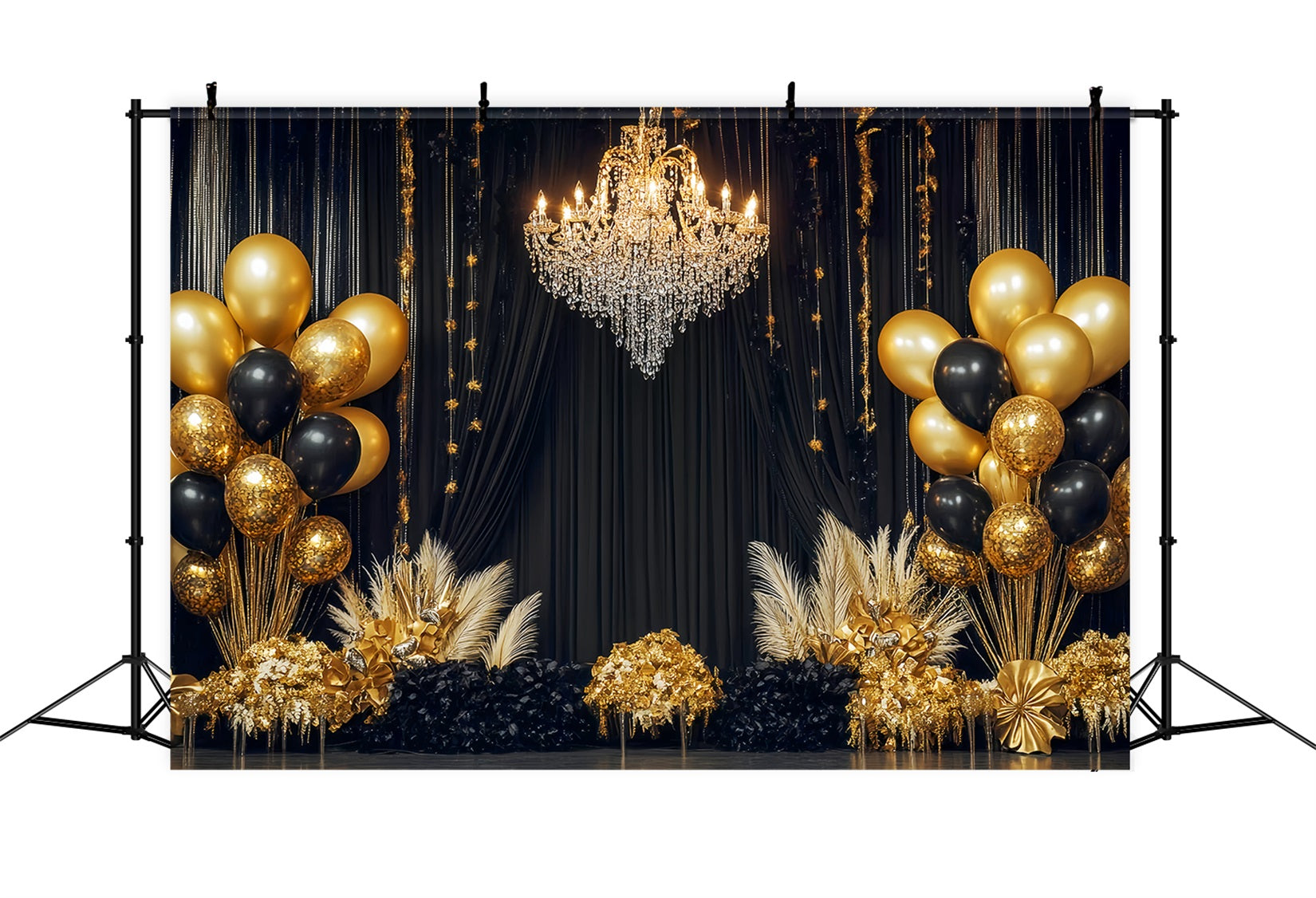 Idées de toiles de fond pour le Nouvel An Lustre de luxe Ballons Toile de fond noire et dorée TWW512-28