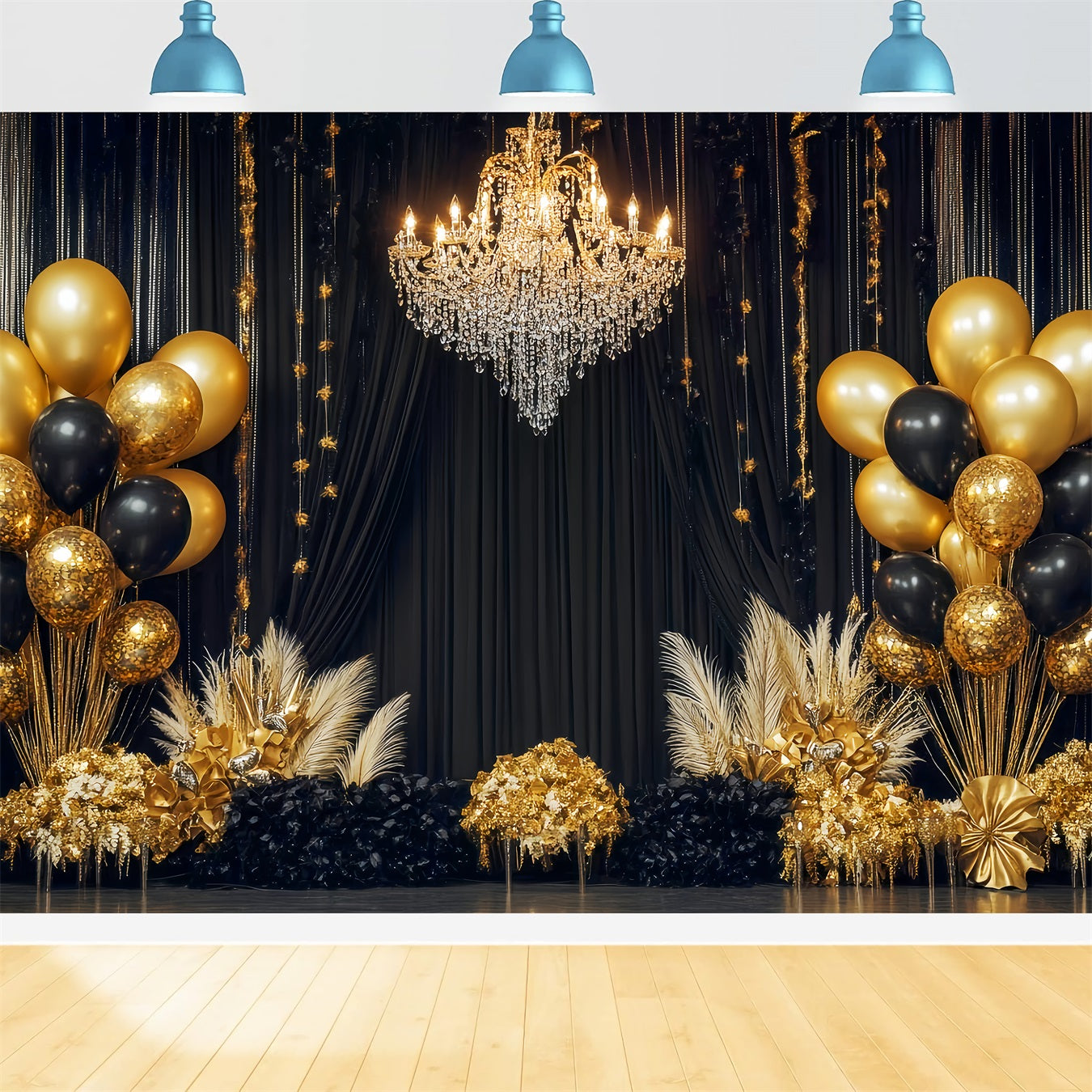 Idées de toiles de fond pour le Nouvel An Lustre de luxe Ballons Toile de fond noire et dorée TWW512-28