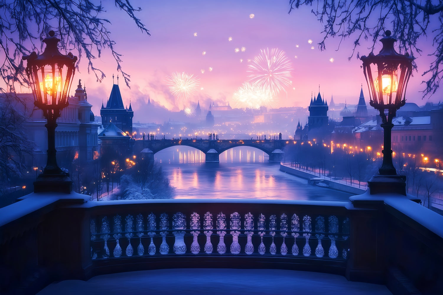 Toile de fond pour photos du Nouvel An Rivière gelée Feux d'artifice Lueur Toile de fond nocturne TWW512-29