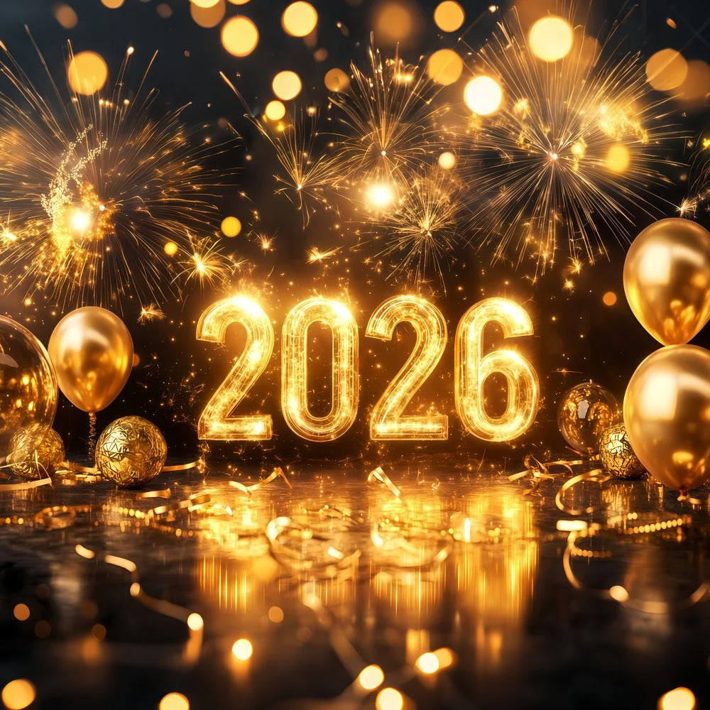 Fond pour le Nouvel An 2026 Ballons dorés scintillants Feux d'artifice Fond TWW512-4