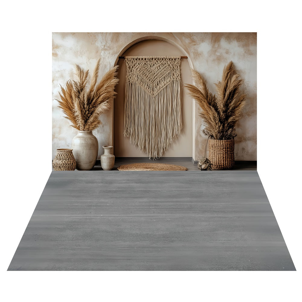 Toile de fond Mur Arche Macramé + Sol Bois Gris TWW57-107