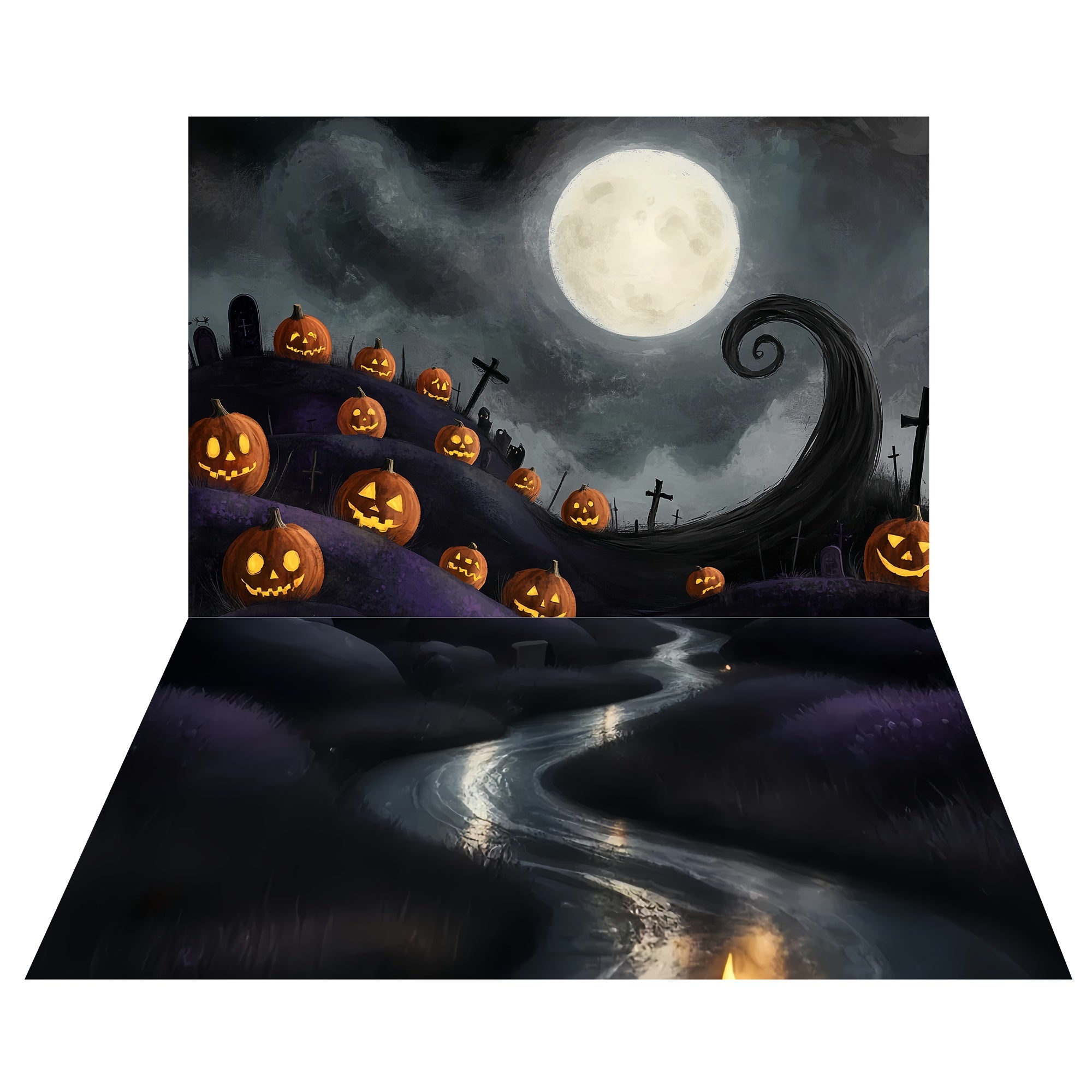 Toile de fond Colline Hantée Halloween + Sol Ruisseau Tournant TWW57-59