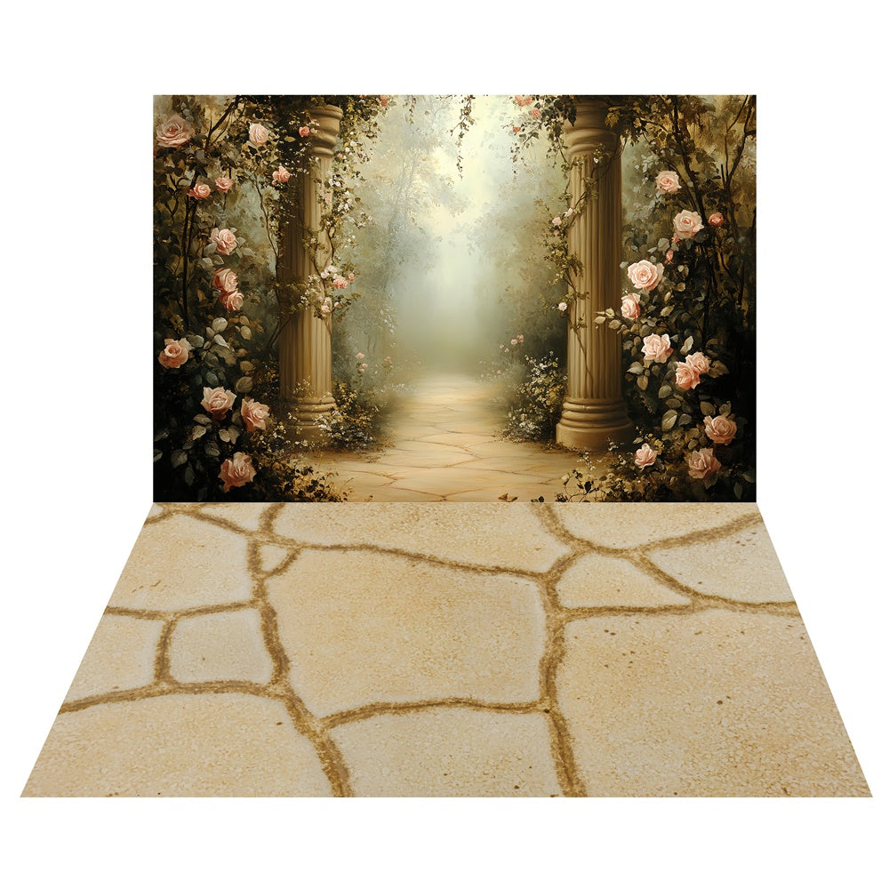 Toile de fond Allée Vintage Roses + Sol Carrelage Grès TWW57-67