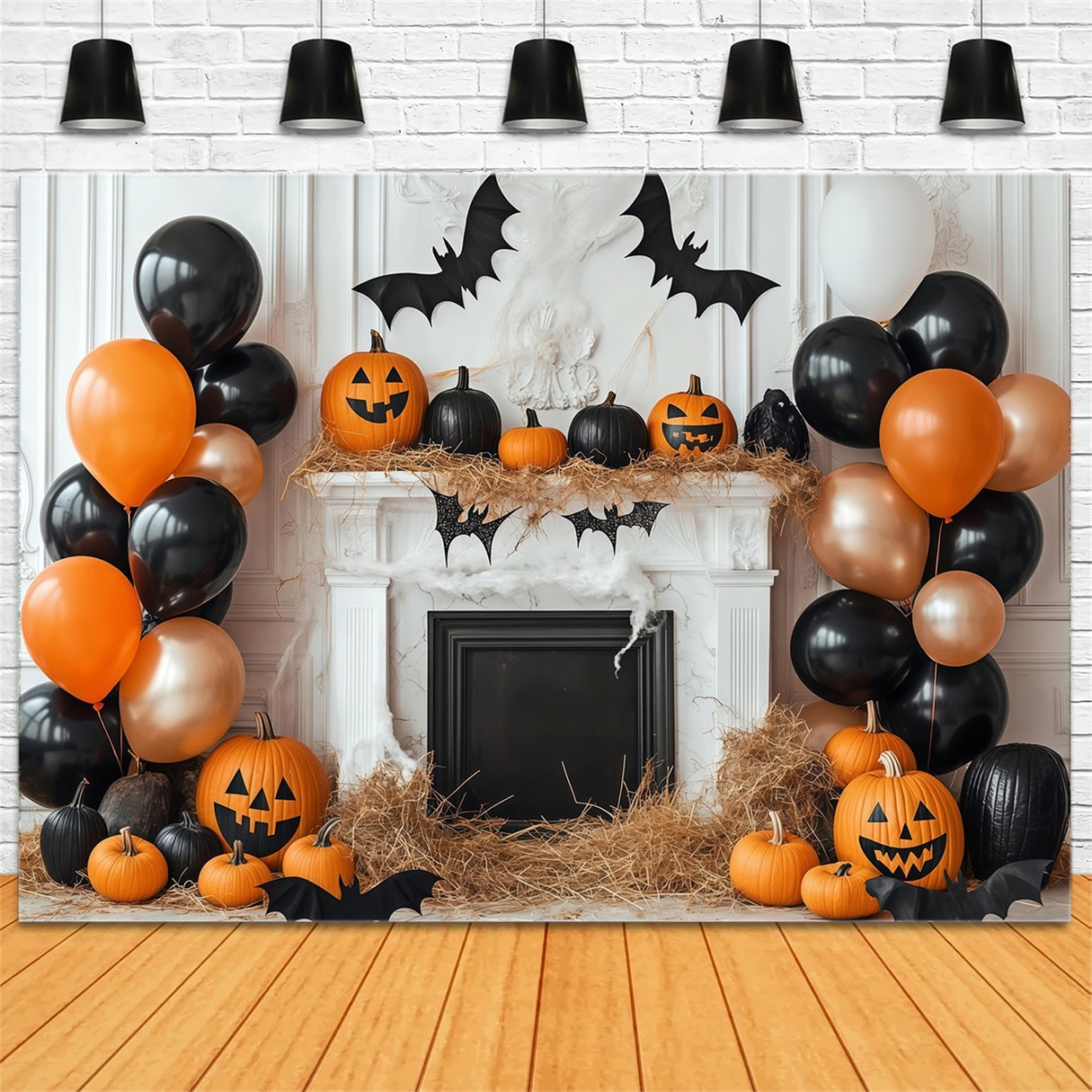Fond Photo Halloween Mur De Citrouille Cheminée Avec Décor De Ballons TWW58-1