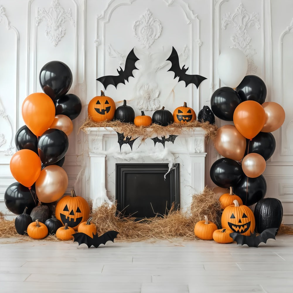 Fond Photo Halloween Mur De Citrouille Cheminée Avec Décor De Ballons TWW58-1