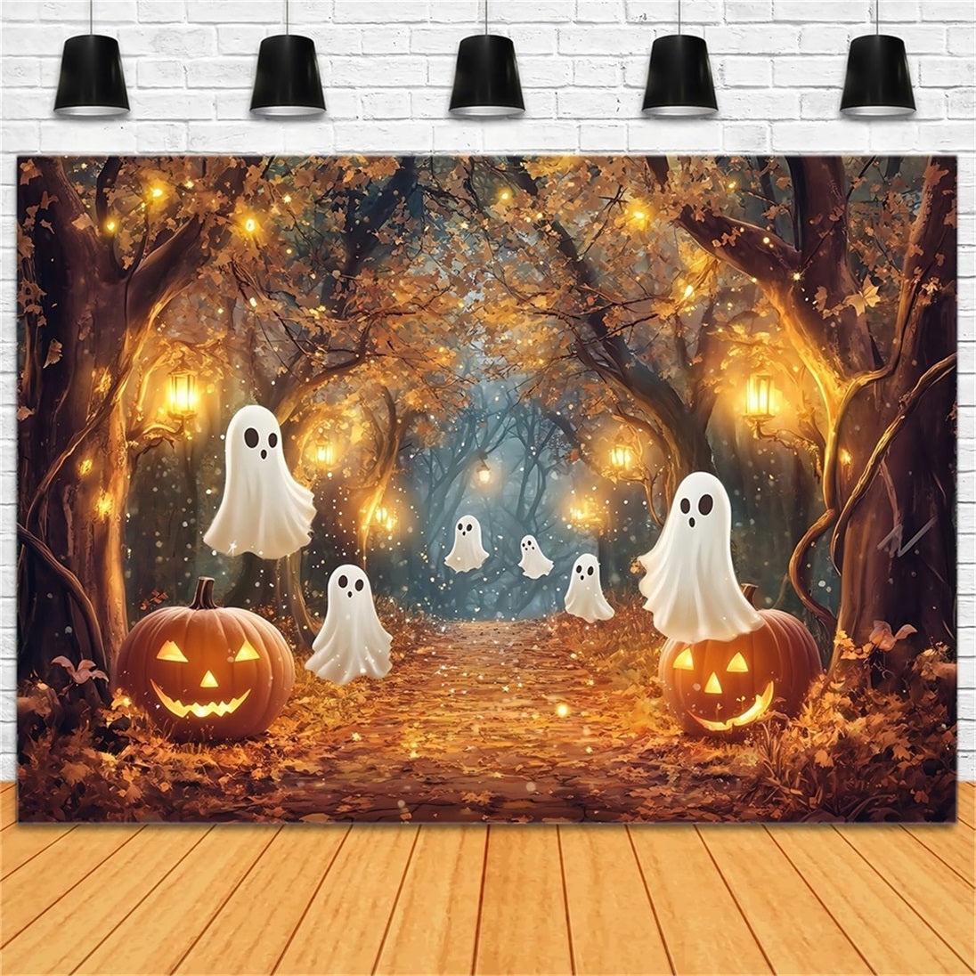 Toile Halloween Cimetière Fantômes Lumineux Dans Bois D’Automne Enchanté TWW58-10