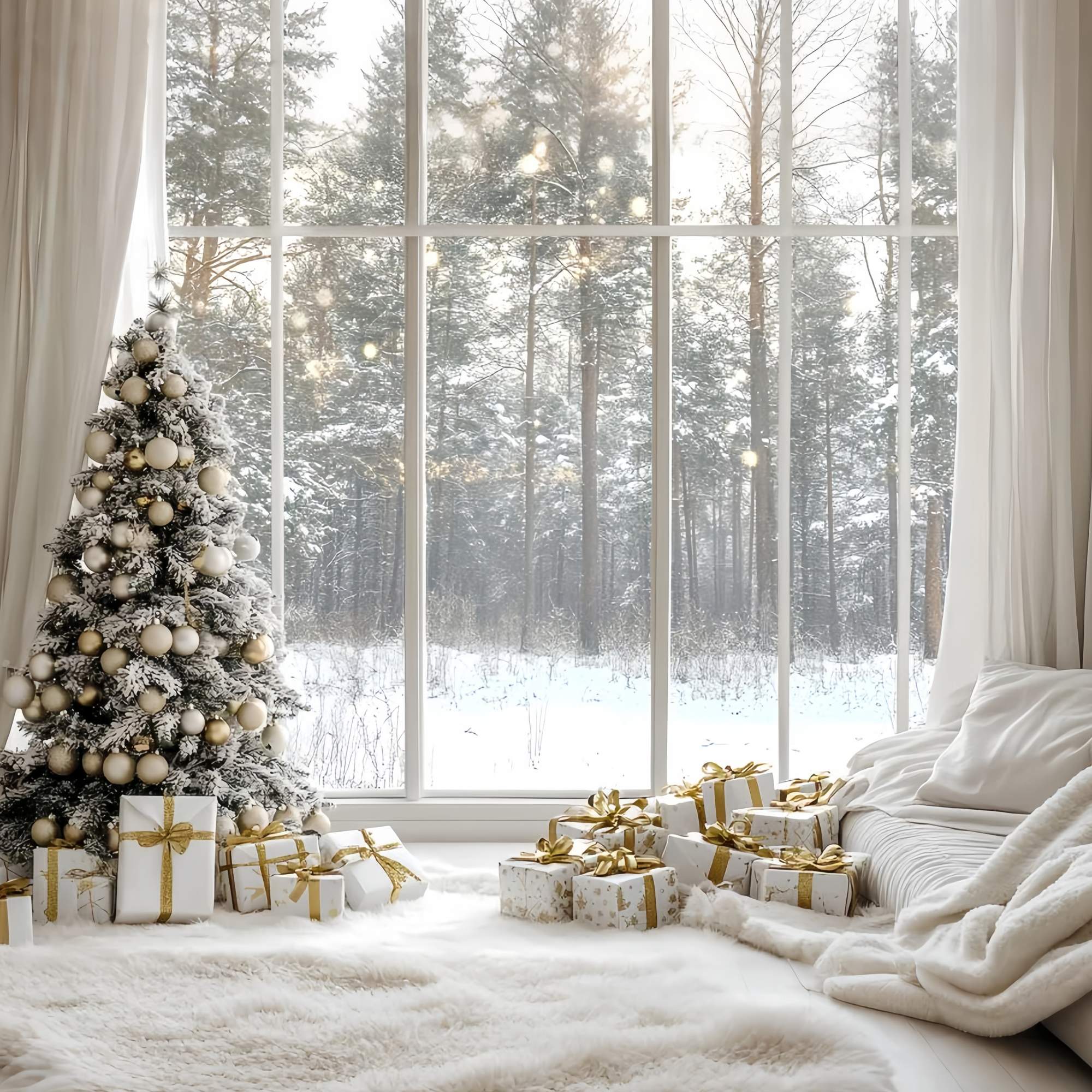 Toile de fond Noël Fenêtre Chaleureuse Sapin Doré Neige TWW58-100