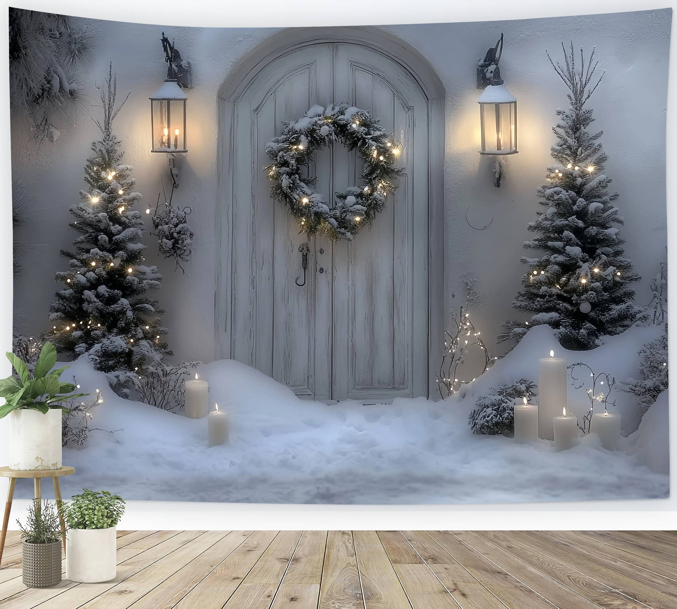 Toile de fond Noël Porte Blanche Enneigée Lanterne et Couronne TWW58-102