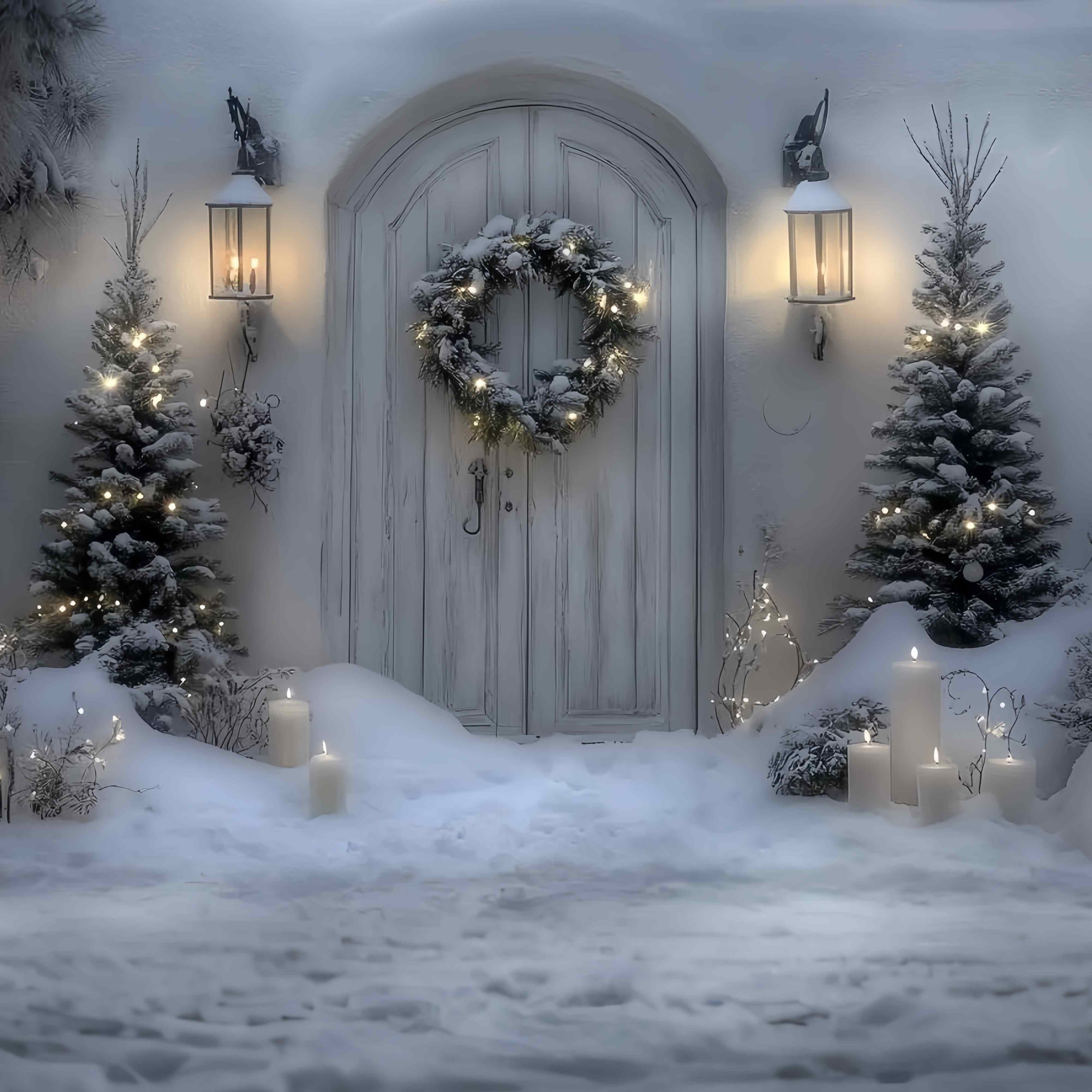 Toile de fond Noël Porte Blanche Enneigée Lanterne et Couronne TWW58-102