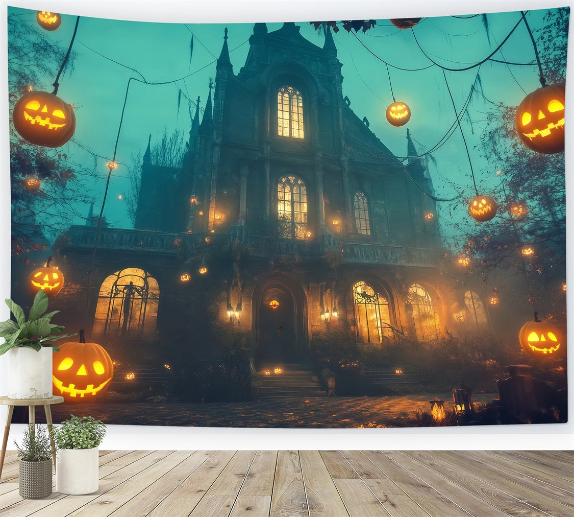 Fond Studio Halloween Citrouilles Volantes Autour Manoir Gothique TWW58-11
