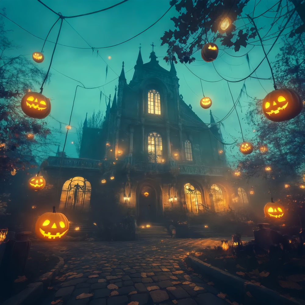Fond Studio Halloween Citrouilles Volantes Autour Manoir Gothique TWW58-11