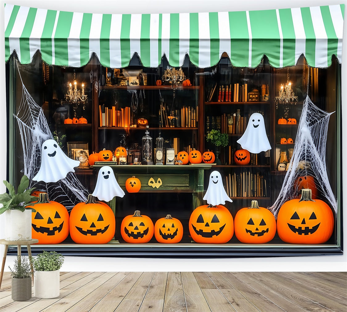 Toile De Fond Photo Halloween Citrouilles Et Fantômes Souriants En Vitrine TWW58-12