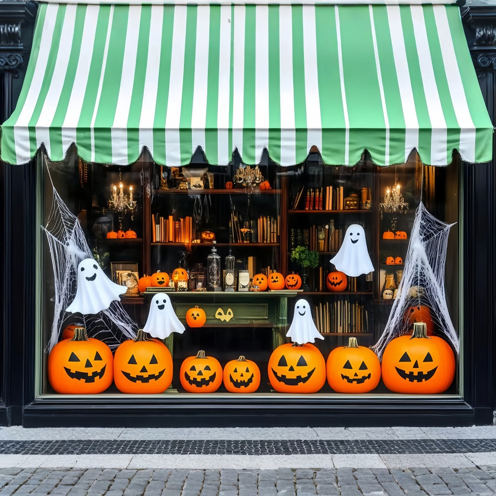 Toile De Fond Photo Halloween Citrouilles Et Fantômes Souriants En Vitrine TWW58-12