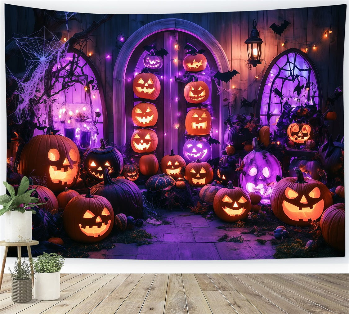 Fond De Photo Halloween Mur Citrouilles Illuminées Sur Porche Lumières Violettes TWW58-13