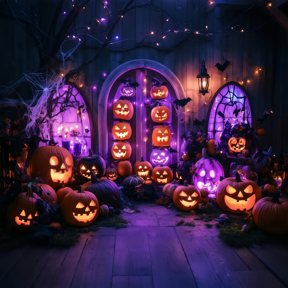 Fond De Photo Halloween Mur Citrouilles Illuminées Sur Porche Lumières Violettes TWW58-13