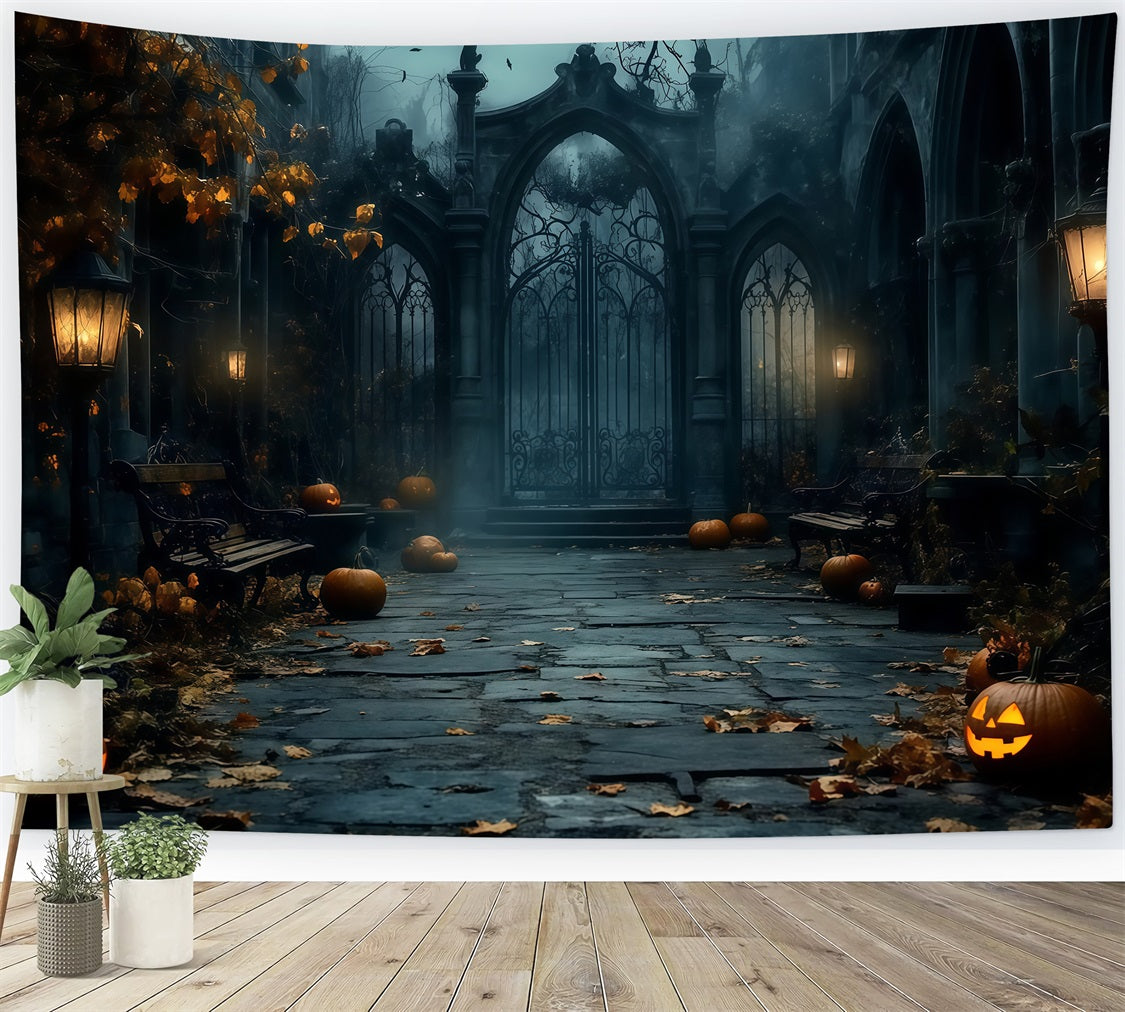 Fond Photo Halloween Porte Gothique Brumeuse Avec Citrouilles Éparses TWW58-15