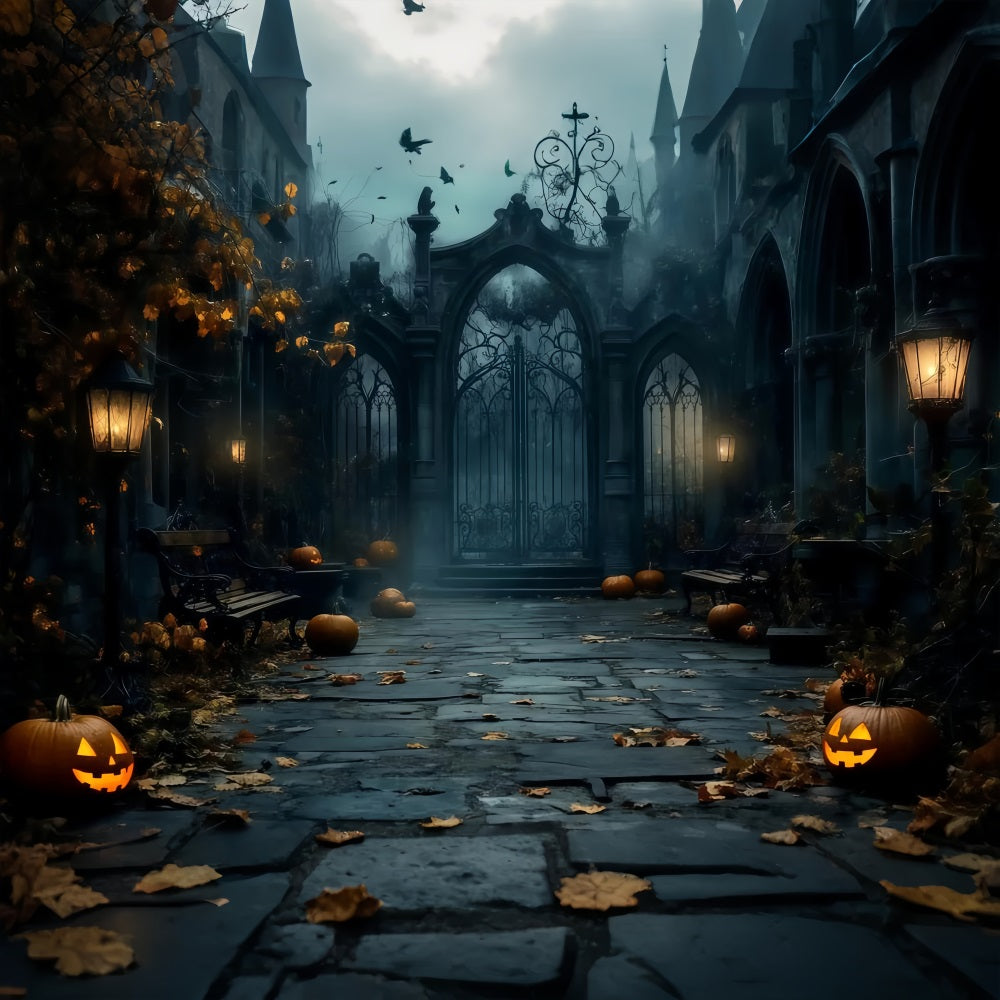 Fond Photo Halloween Porte Gothique Brumeuse Avec Citrouilles Éparses TWW58-15