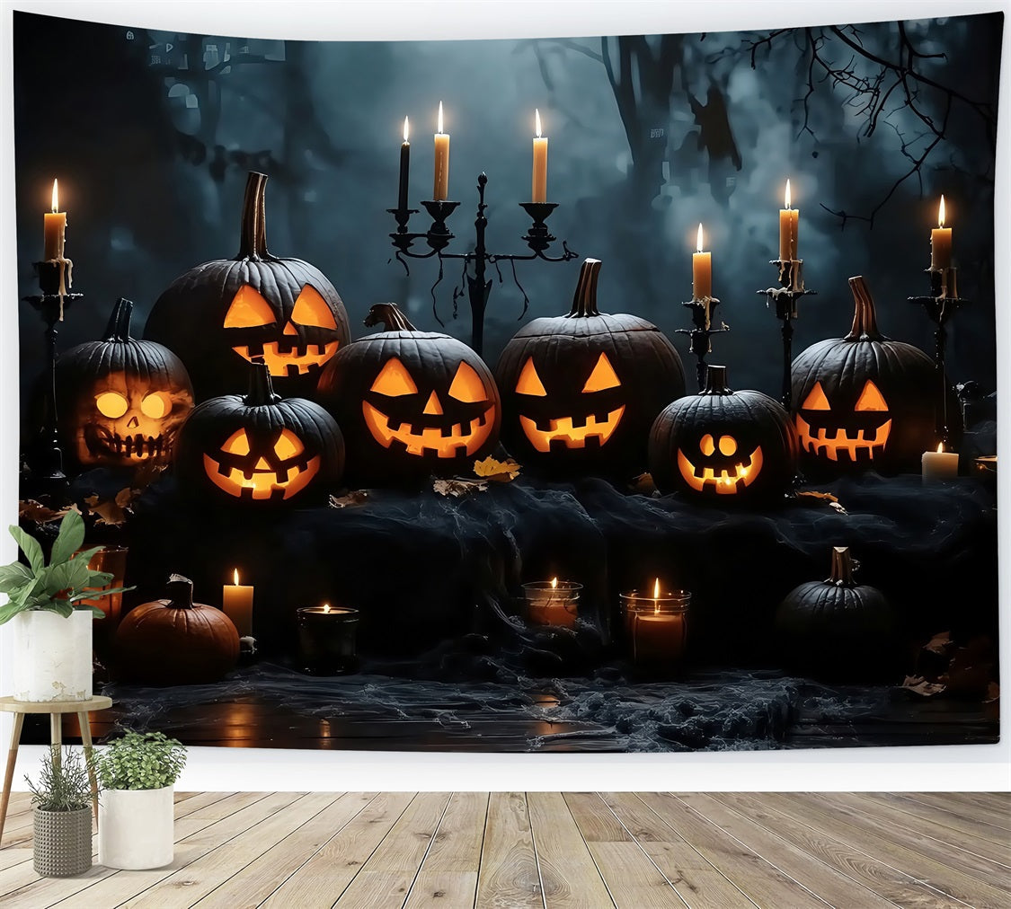 Toile De Fond Halloween Présentation Citrouilles Illuminées Dans Bois Sombre TWW58-16