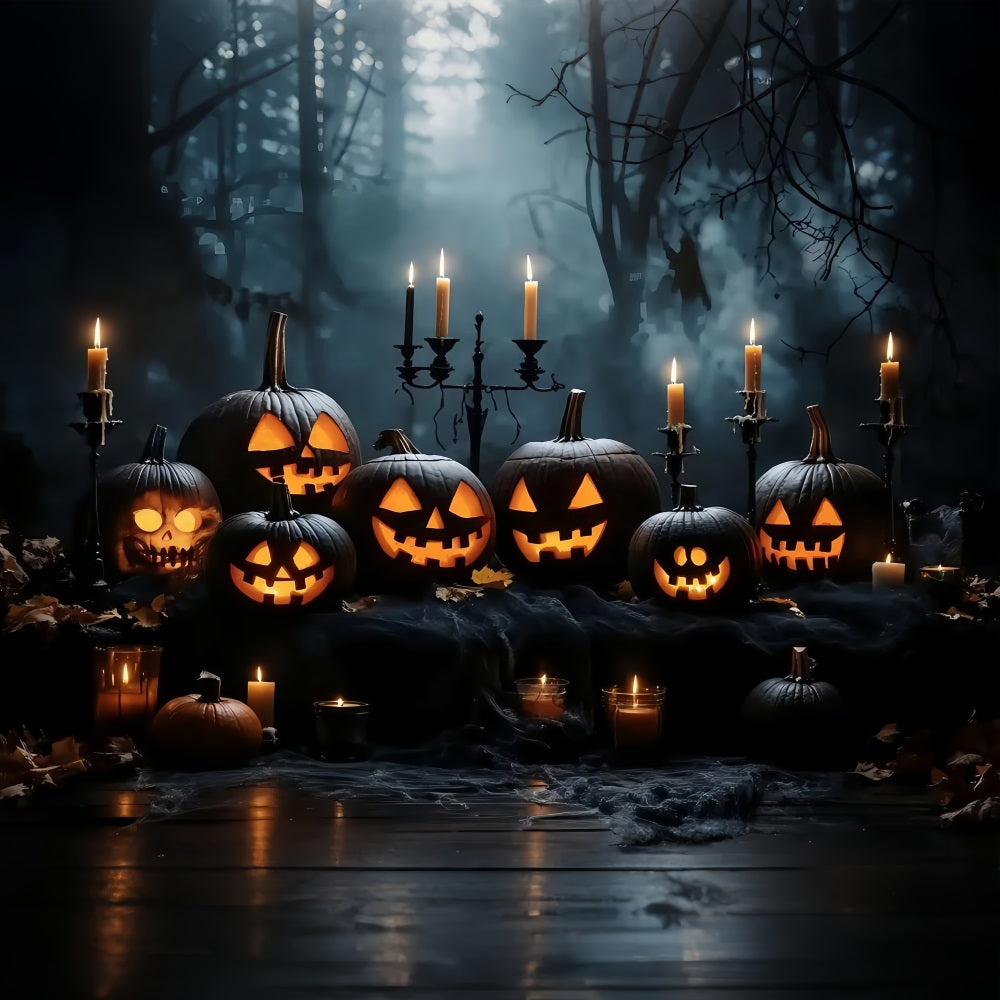 Toile De Fond Halloween Présentation Citrouilles Illuminées Dans Bois Sombre TWW58-16