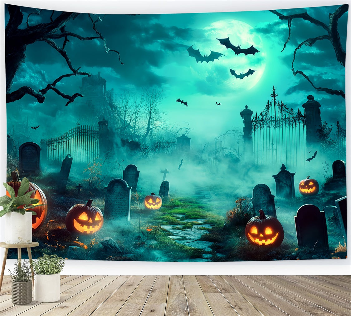 Fond Studio Halloween Cimetière Effrayant Avec Citrouilles Sculptées Lumineuses TWW58-18