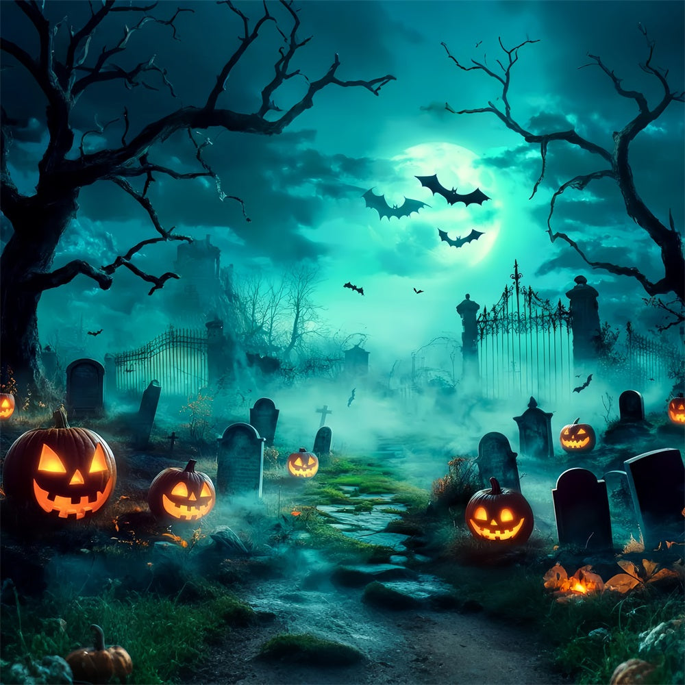 Fond Studio Halloween Cimetière Effrayant Avec Citrouilles Sculptées Lumineuses TWW58-18