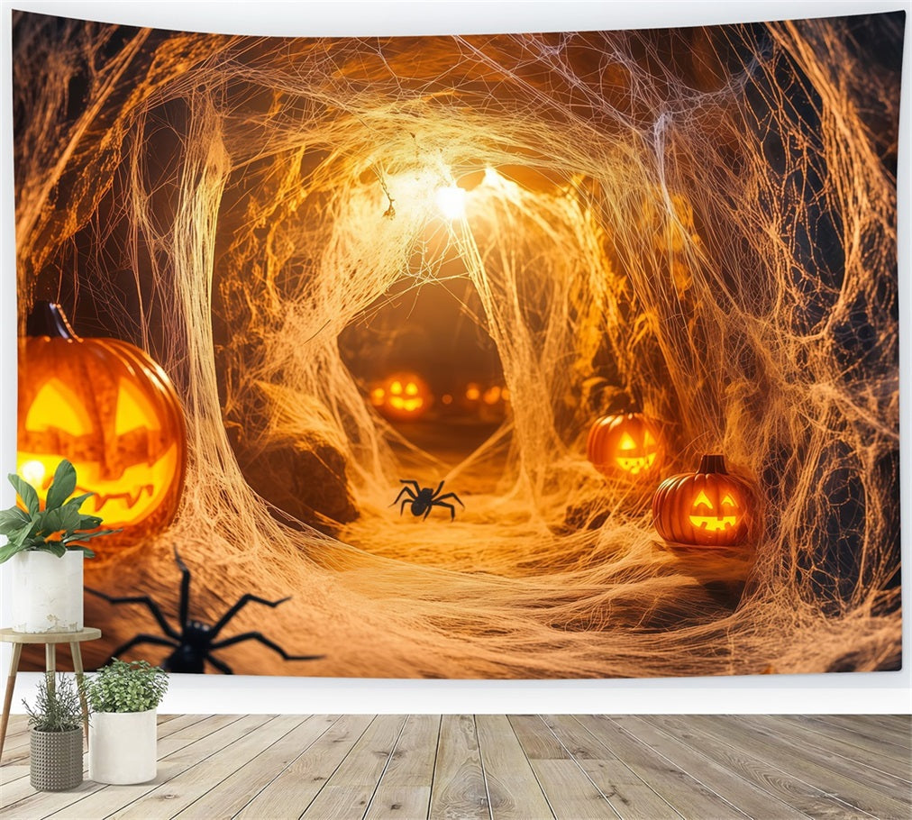 Toile De Fond Photo Halloween Mur Tunnel Citrouille Araignée Avec Toiles Lumineuses TWW58-19
