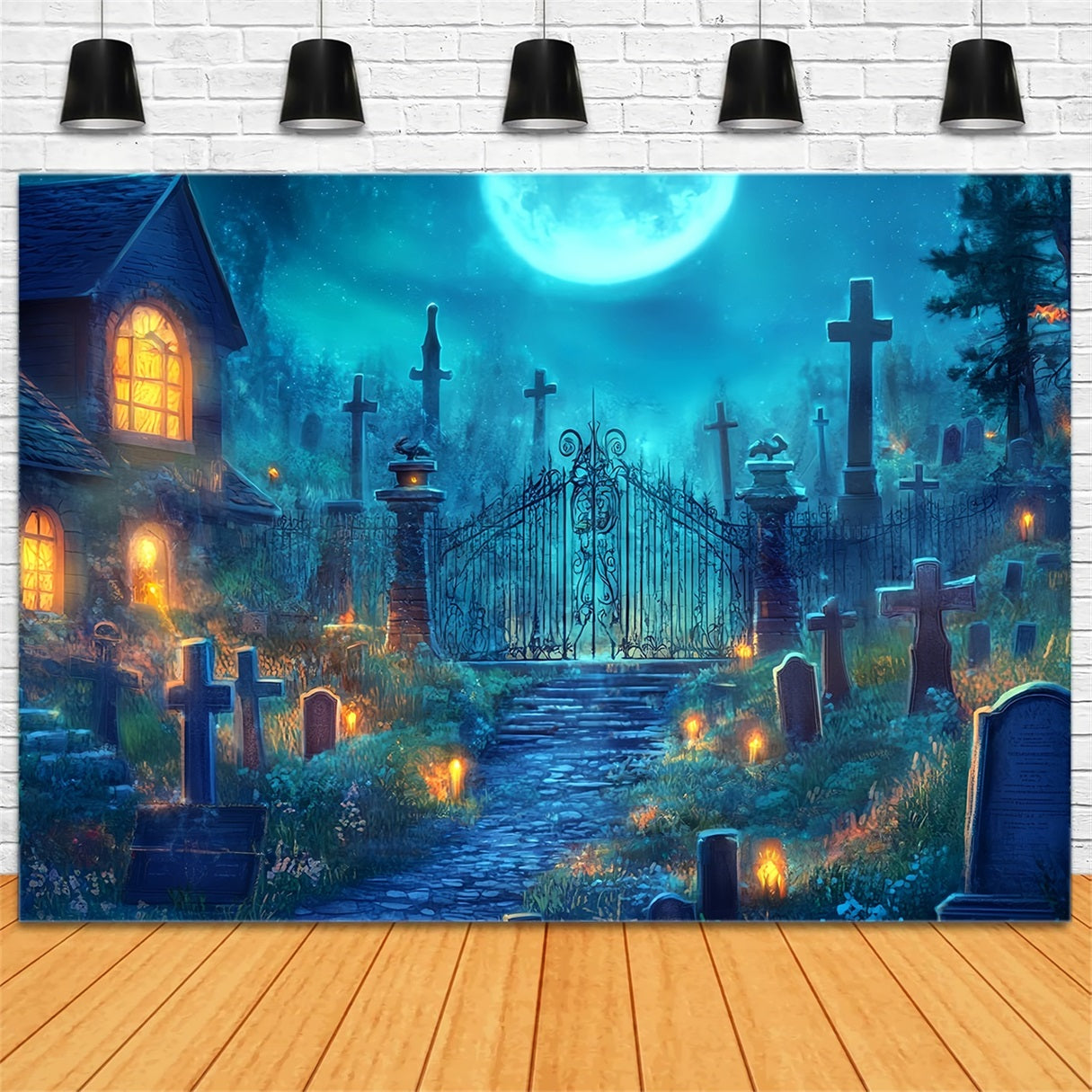 Toile De Fond Halloween Cimetière Au Clair De Lune Avec Grille En Fer TWW58-2