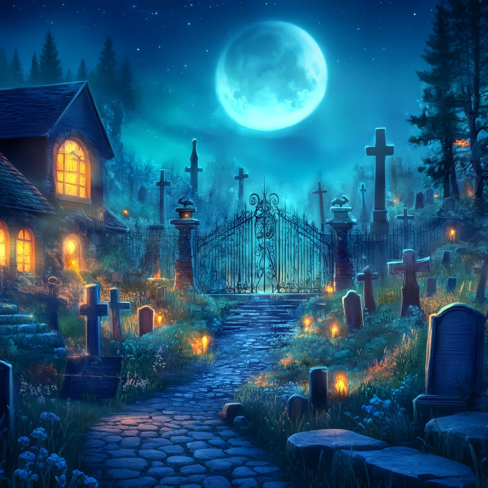 Toile De Fond Halloween Cimetière Au Clair De Lune Avec Grille En Fer TWW58-2