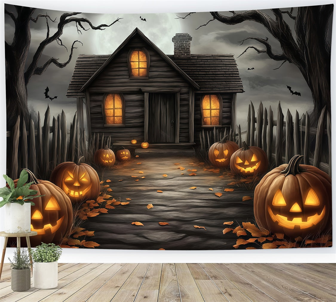 Fond De Photo Halloween Allée Maison Hantée Avec Citrouilles Sculpées TWW58-20