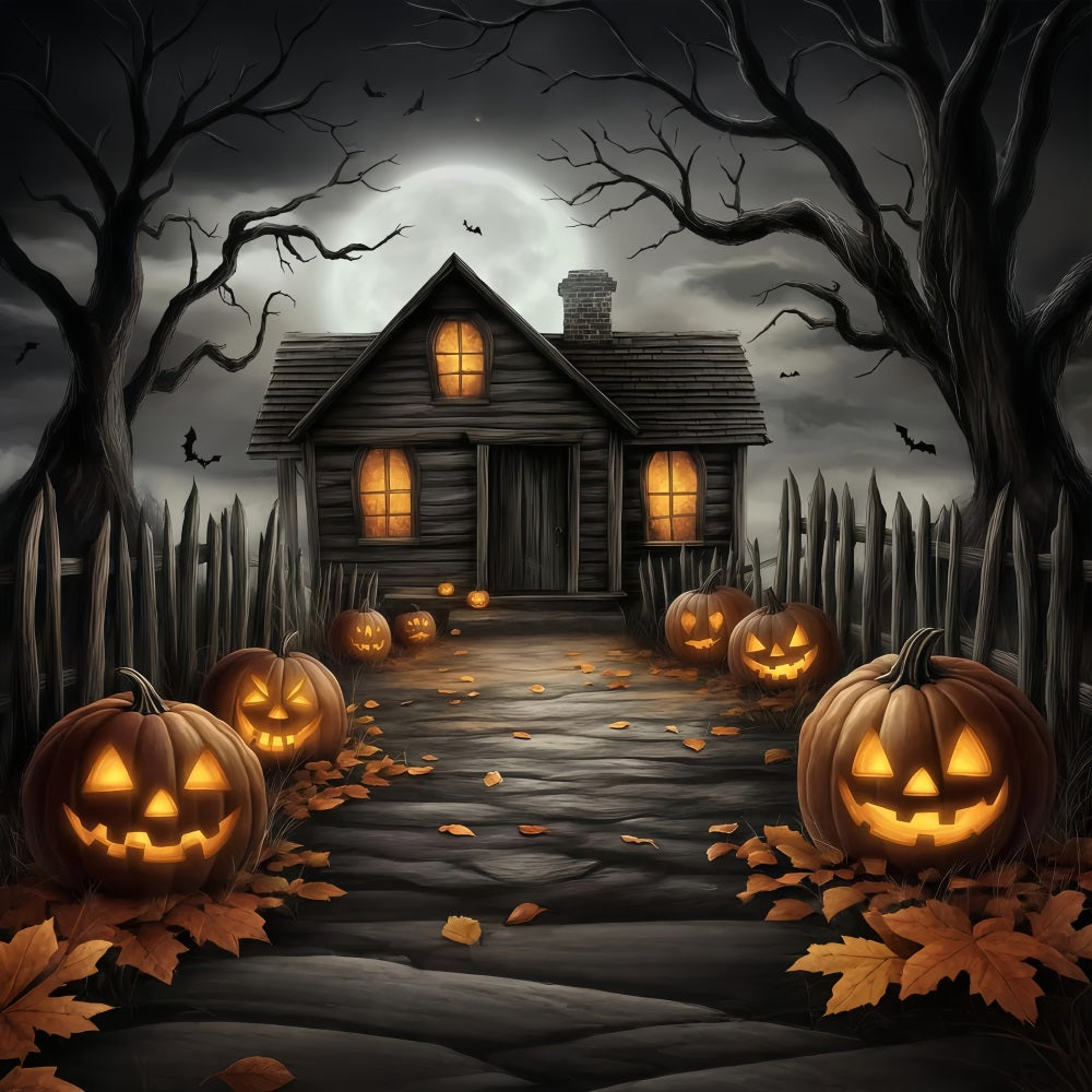 Fond De Photo Halloween Allée Maison Hantée Avec Citrouilles Sculpées TWW58-20