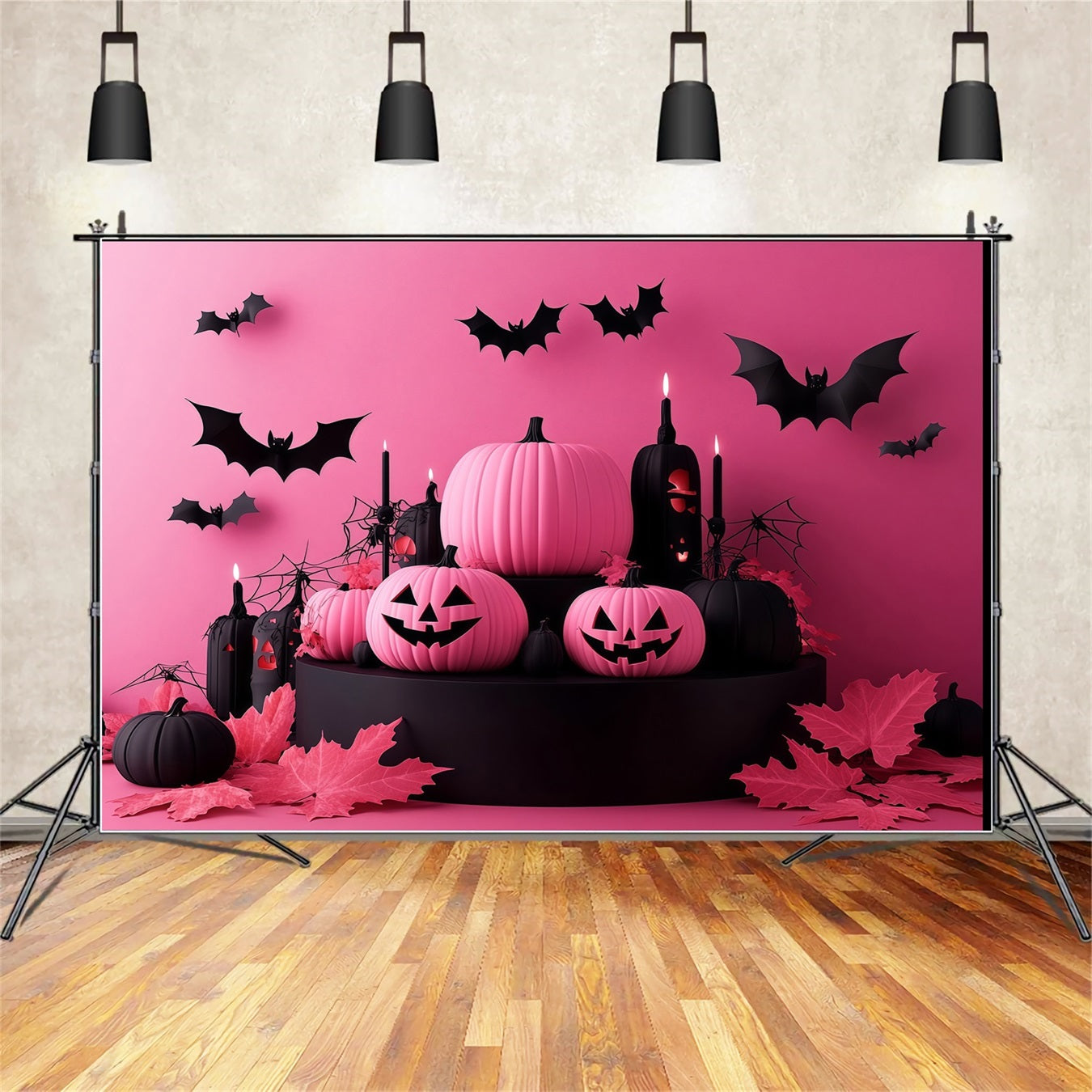 Fond Photo Halloween Citrouilles Roses Et Noires Avec Chauves-Souris Volantes TWW58-22